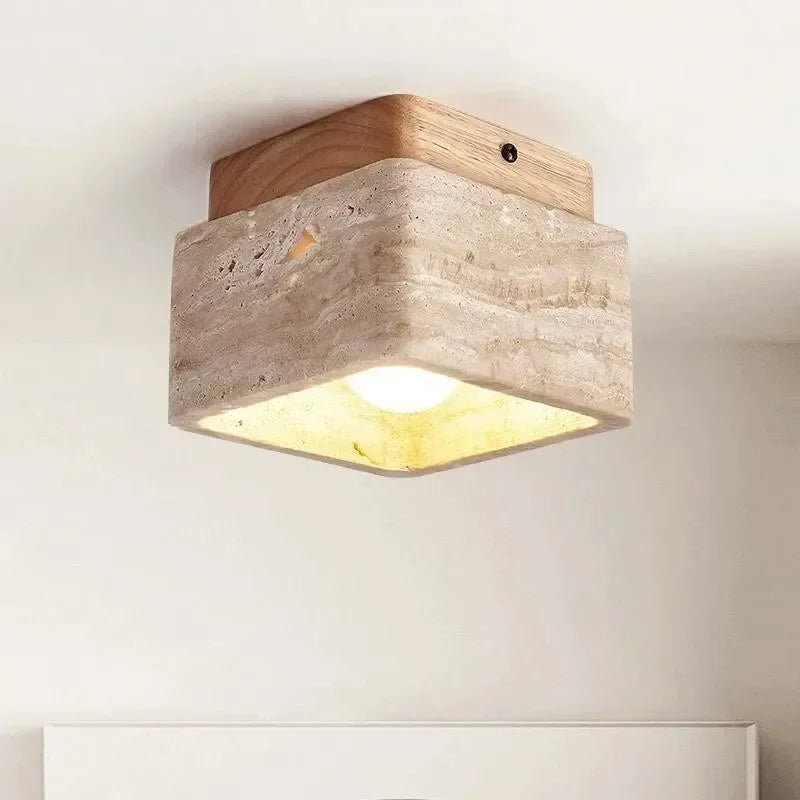 Kawalume | Square Travertine Ceiling Lamp with Walnut Wood Base