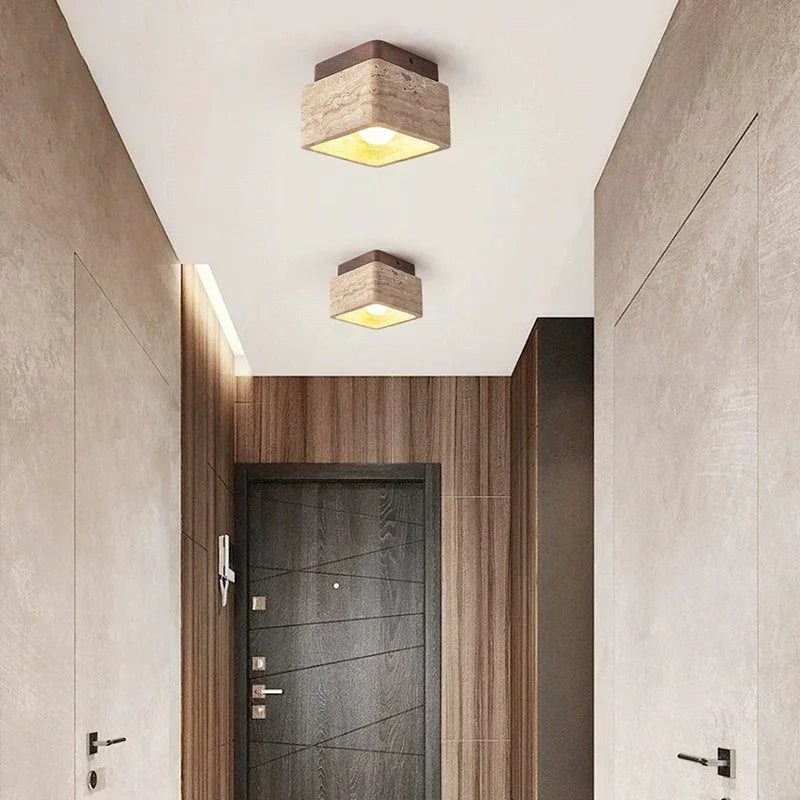 Kawalume | Square Travertine Ceiling Lamp with Walnut Wood Base