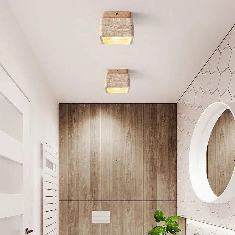 Kawalume | Square Travertine Ceiling Lamp with Walnut Wood Base
