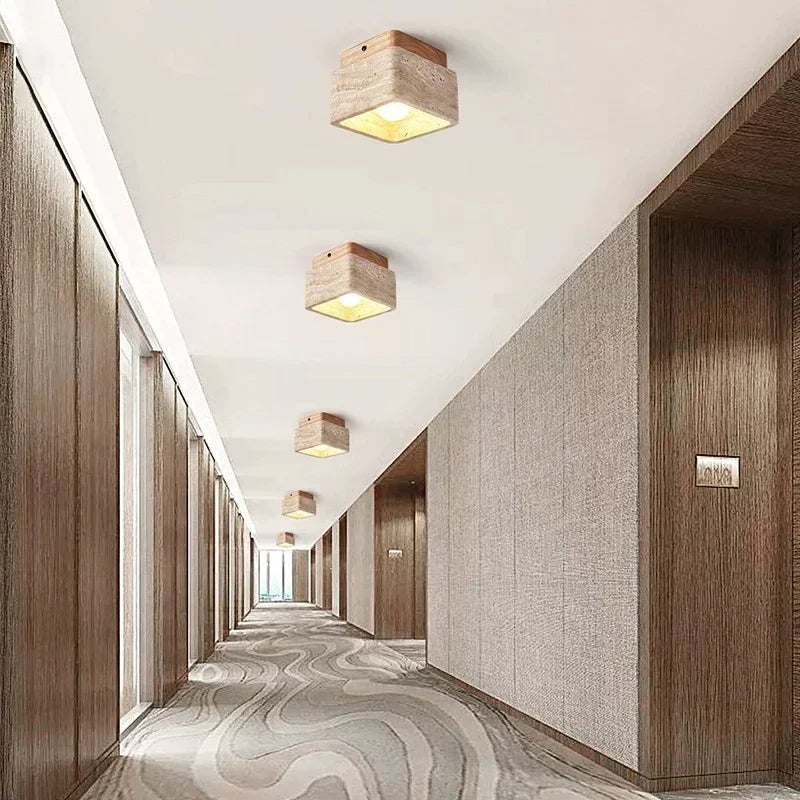 Kawalume | Square Travertine Ceiling Lamp with Walnut Wood Base