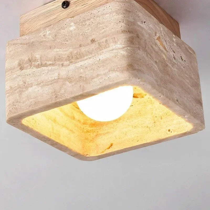 Kawalume | Square Travertine Ceiling Lamp with Walnut Wood Base