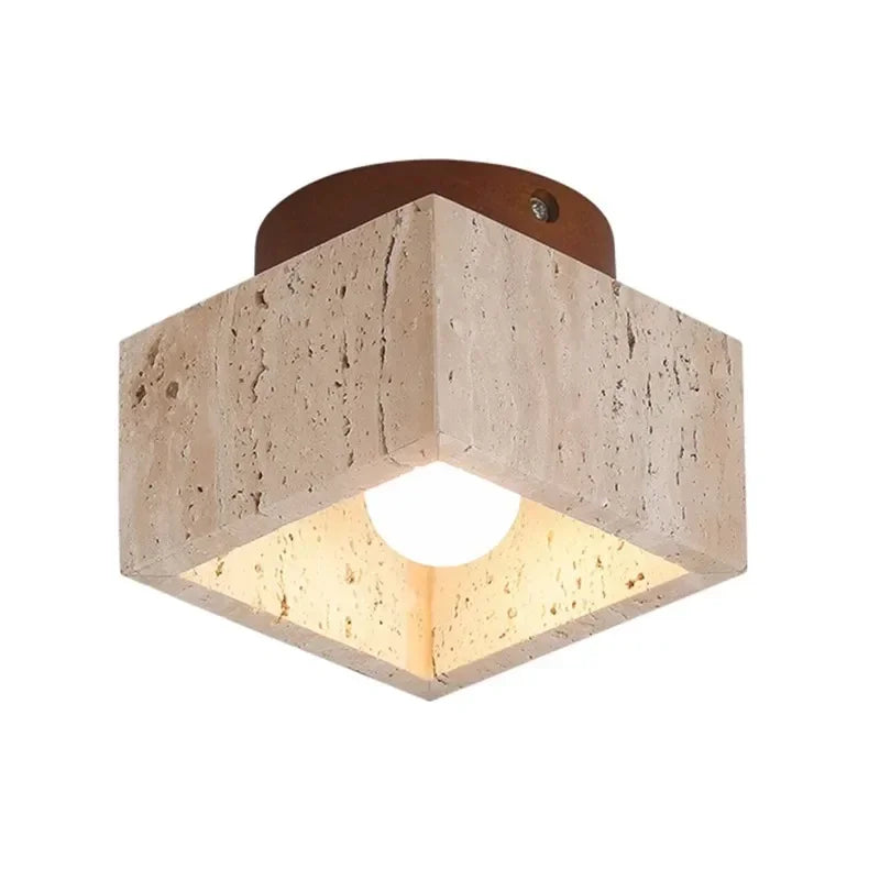 Kawalume | Square Travertine Ceiling Lamp with Walnut Wood Base