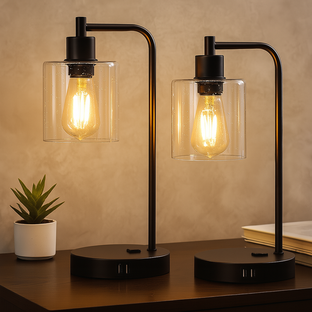 Glowport | Set of 2 Touch Control Bedside Lamps with USB Ports & AC Outlet