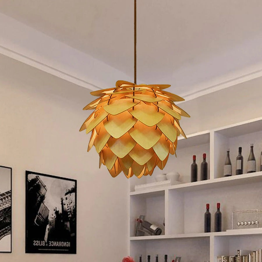 Handmade wood pine cone pendant lamp