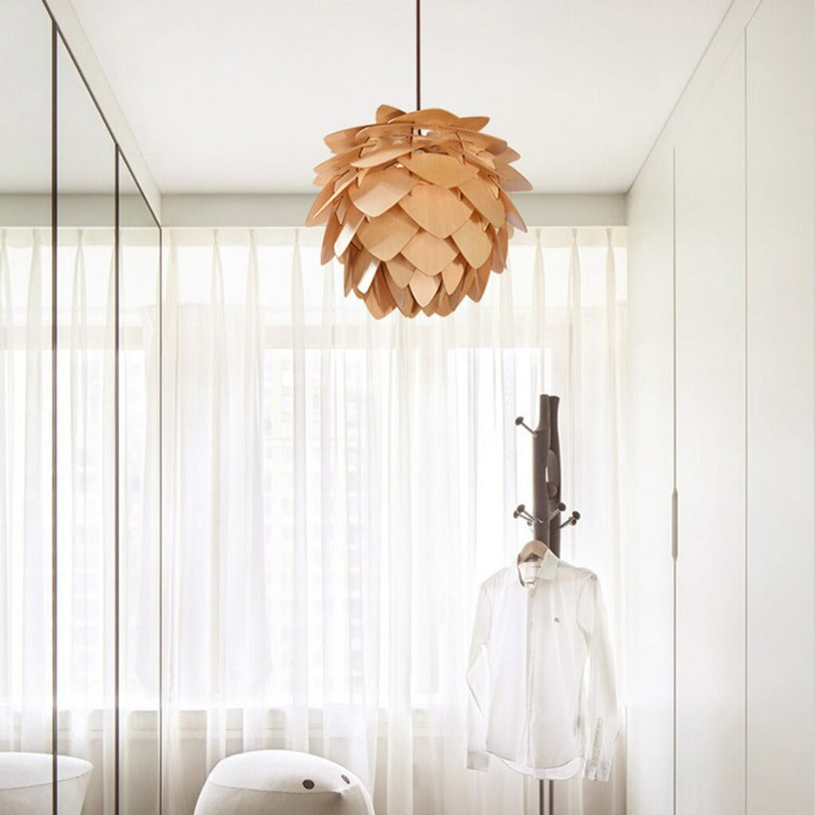 Handmade wood pine cone pendant lamp