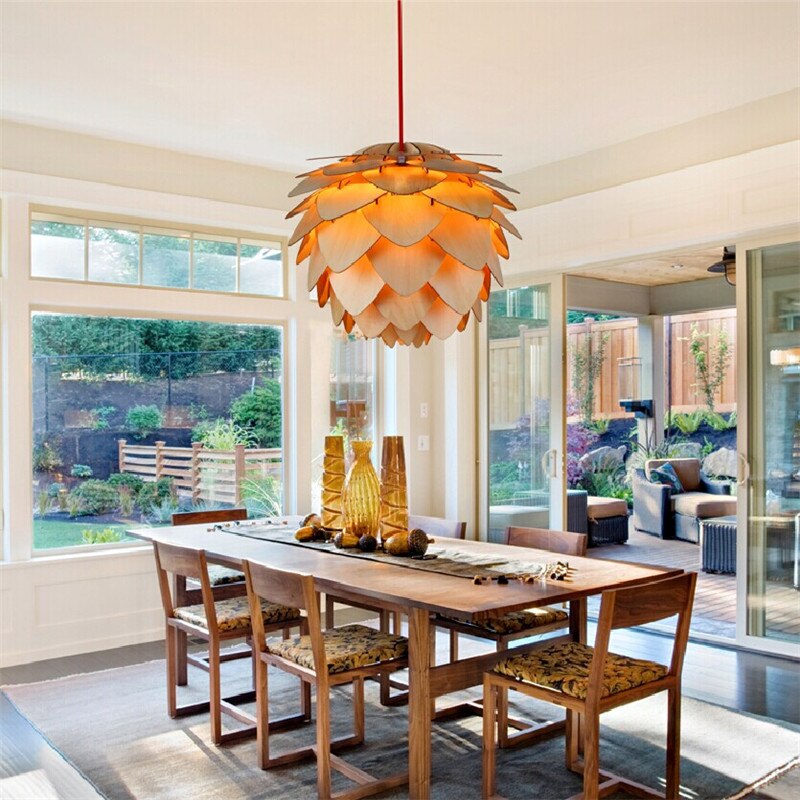 Handmade wood pine cone pendant lamp