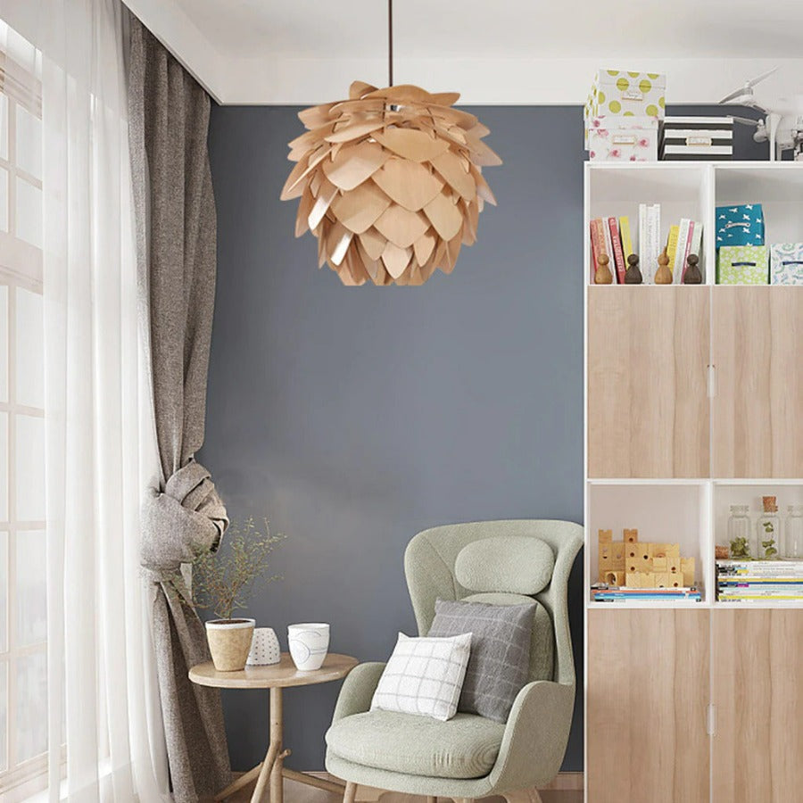 Handmade wood pine cone pendant lamp