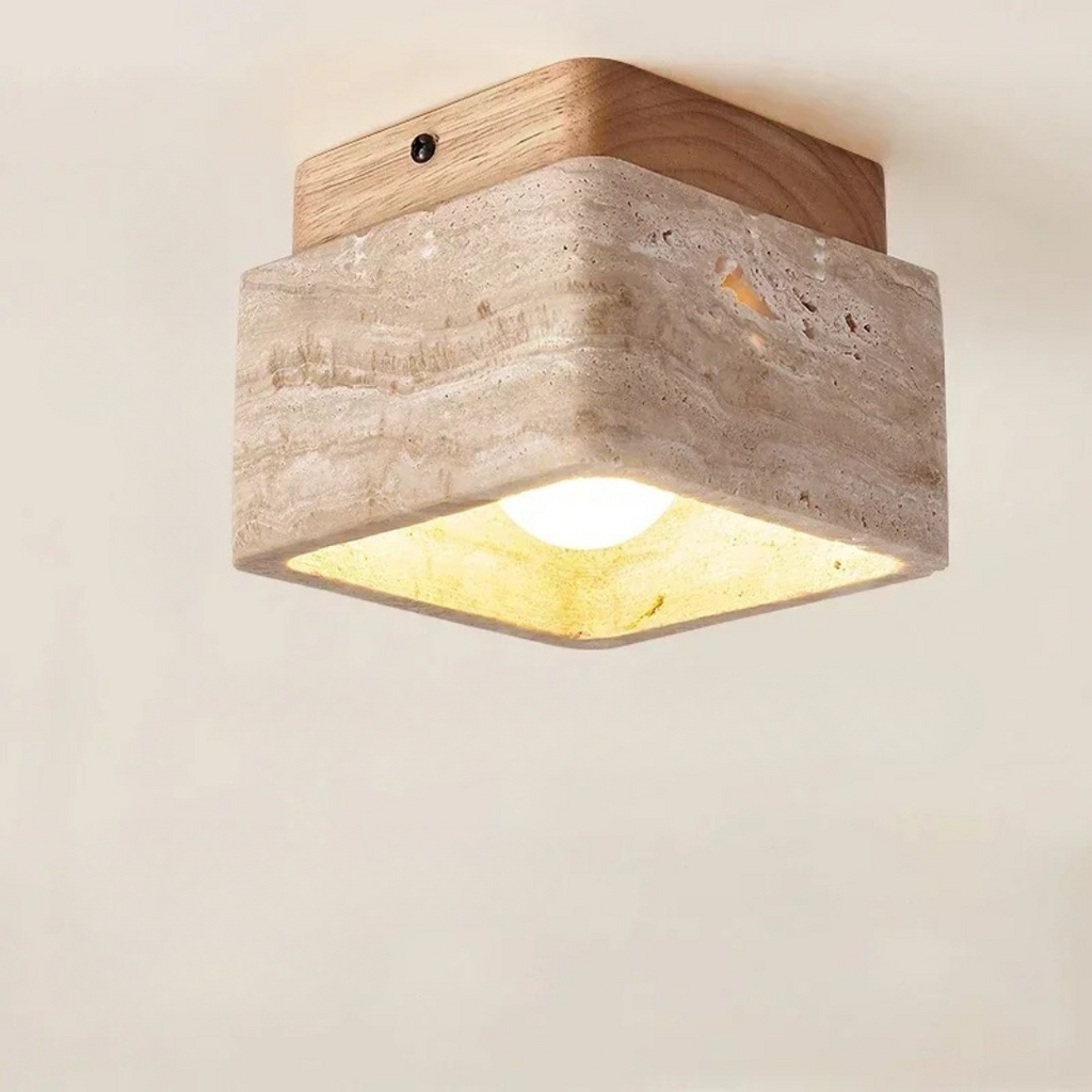 Kawalume | Square Travertine Ceiling Lamp with Walnut Wood Base