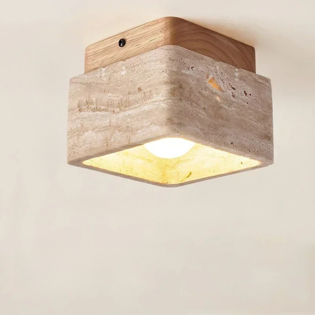Kawalume | Square Travertine Ceiling Lamp with Walnut Wood Base
