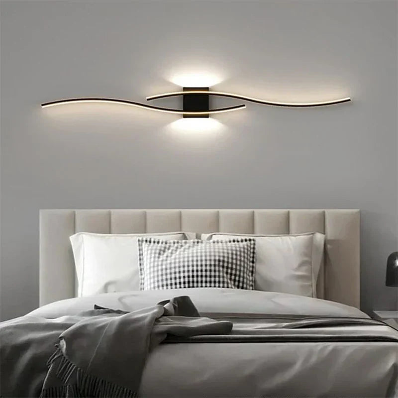 Modern LED Wall Lamp with Remote Control – Double Curve Design in Black and Gold for Stylish Indoor Wall Lighting