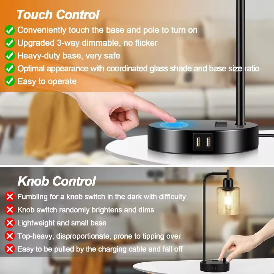 Glowport | Set of 2 Touch Control Bedside Lamps with USB Ports & AC Outlet