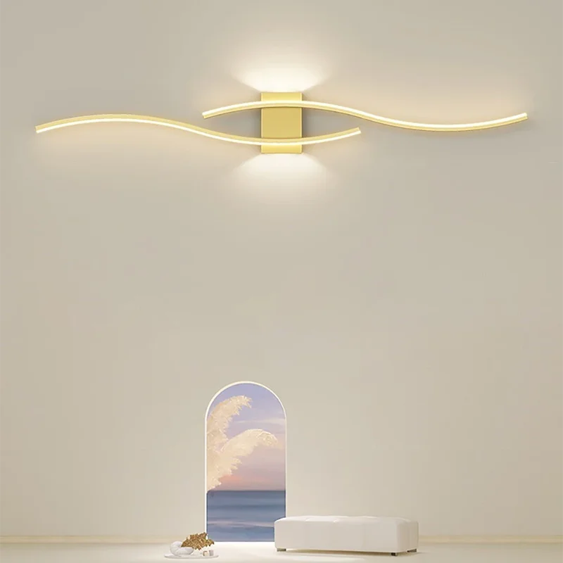 Modern LED Wall Lamp with Remote Control – Double Curve Design in Black and Gold for Stylish Indoor Wall Lighting