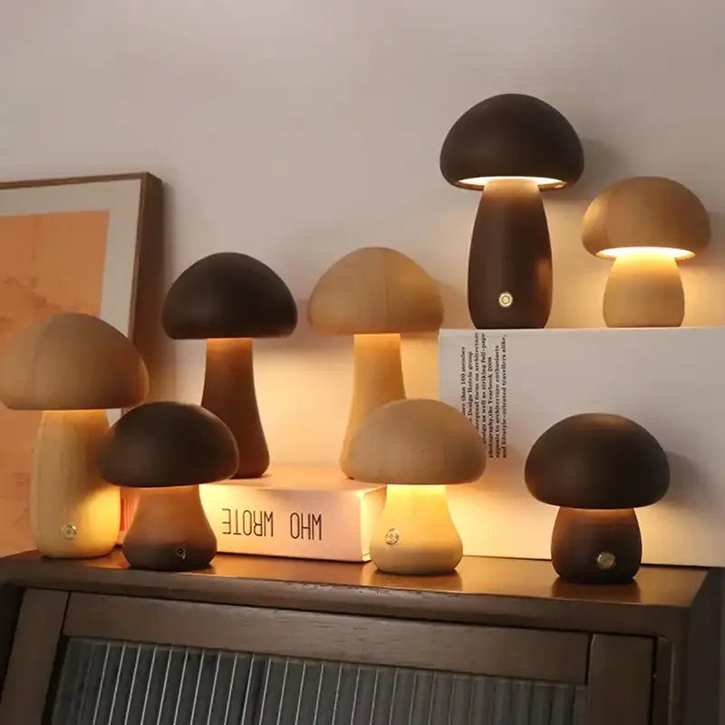 LED Mushroom Night Light with Touch Switch – Adjustable Wooden Bedside Lamp