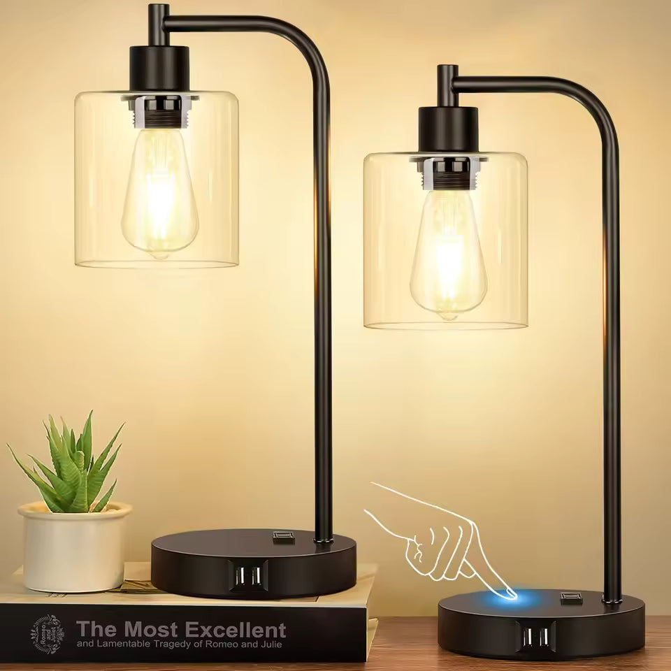 Glowport | Set of 2 Touch Control Bedside Lamps with USB Ports & AC Outlet