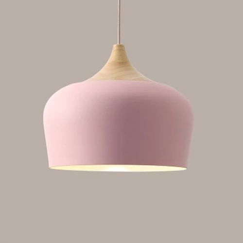 Metal and wood pendant lights in delicate pastel tones