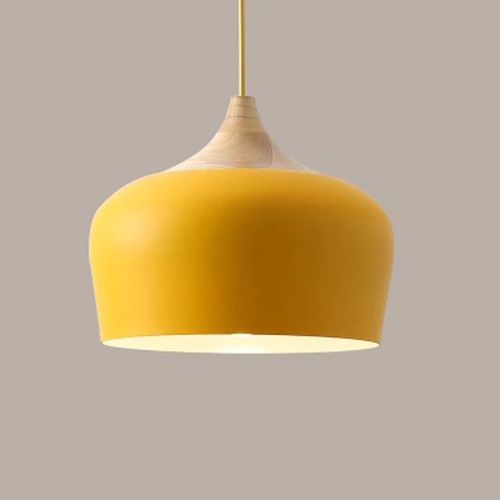 Metal and wood pendant lights in delicate pastel tones