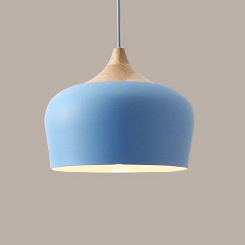 Metal and wood pendant lights in delicate pastel tones