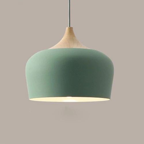 Metal and wood pendant lights in delicate pastel tones