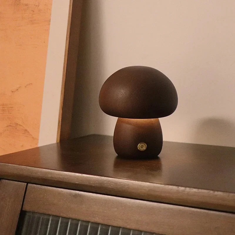 LED Mushroom Night Light with Touch Switch – Adjustable Wooden Bedside Lamp