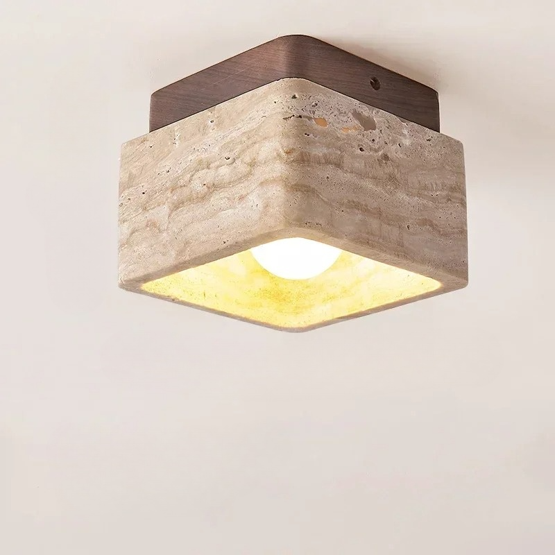 Kawalume | Square Travertine Ceiling Lamp with Walnut Wood Base