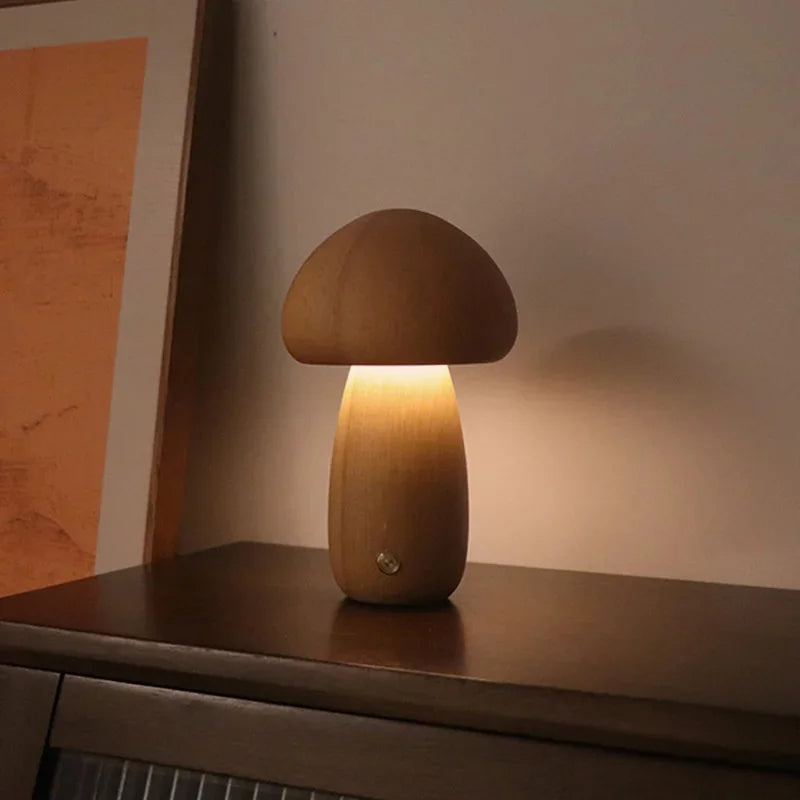 LED Mushroom Night Light with Touch Switch – Adjustable Wooden Bedside Lamp