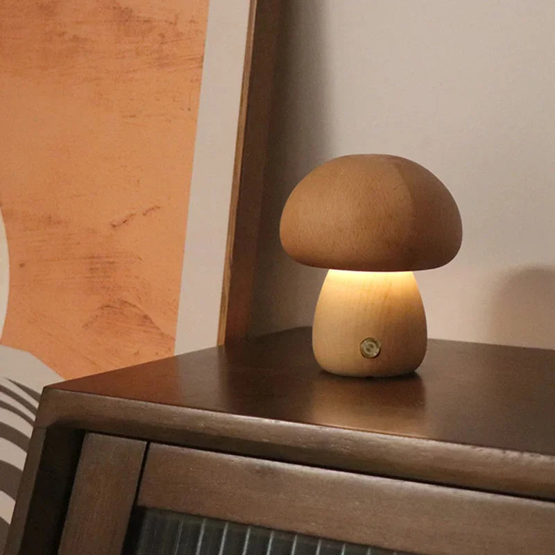 LED Mushroom Night Light with Touch Switch – Adjustable Wooden Bedside Lamp